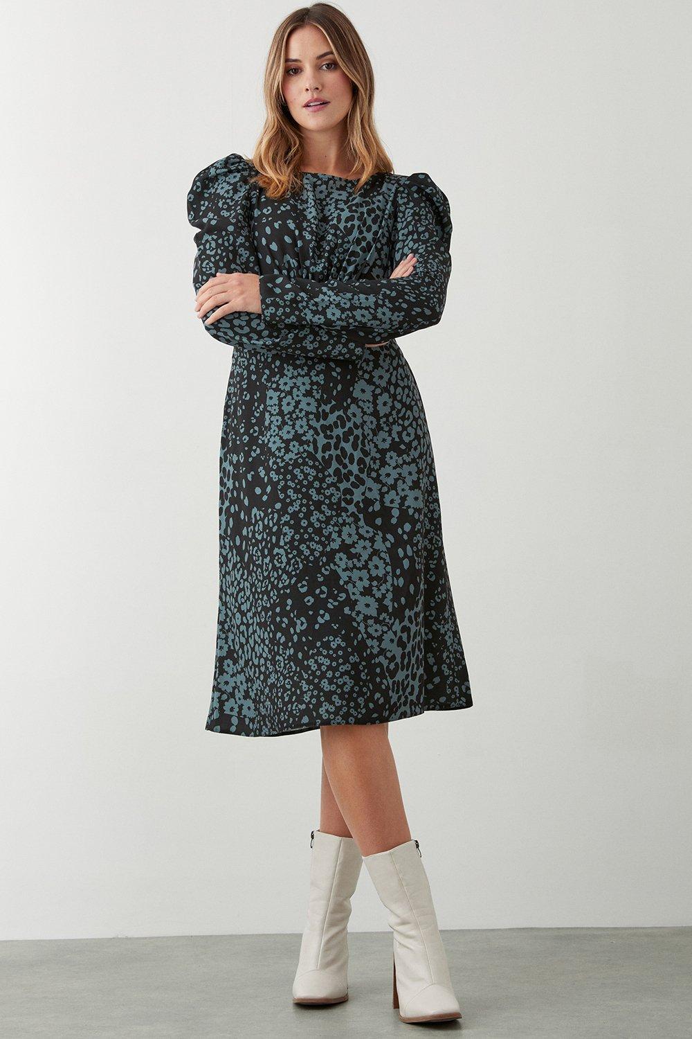Khaki Print Long Sleeve Empire Midi Dress