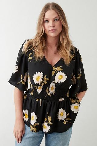Product Curve Daisy Floral Shirred Waist Blouse black