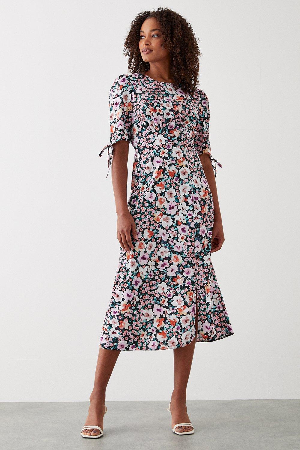 Tall Floral Ruched Sleeve Midi Dress