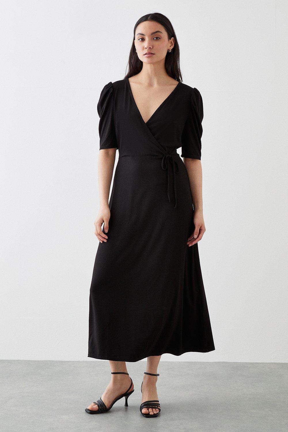 Petite Black Ruched Sleeve Wrap Midi Dress