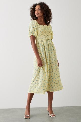 Product Yellow Ditsy Floral Shirred Midi Dress yellow