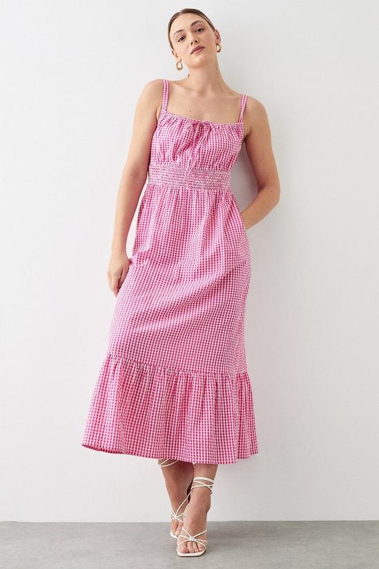 Dorothy Perkins Tall Pink Gingham Shirred Waist Strappy Midi Dress 1