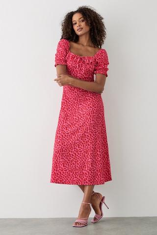 New Look Dress 6 Womens Animal Print Midi A Line Red Smock Shirred Wrap NEW