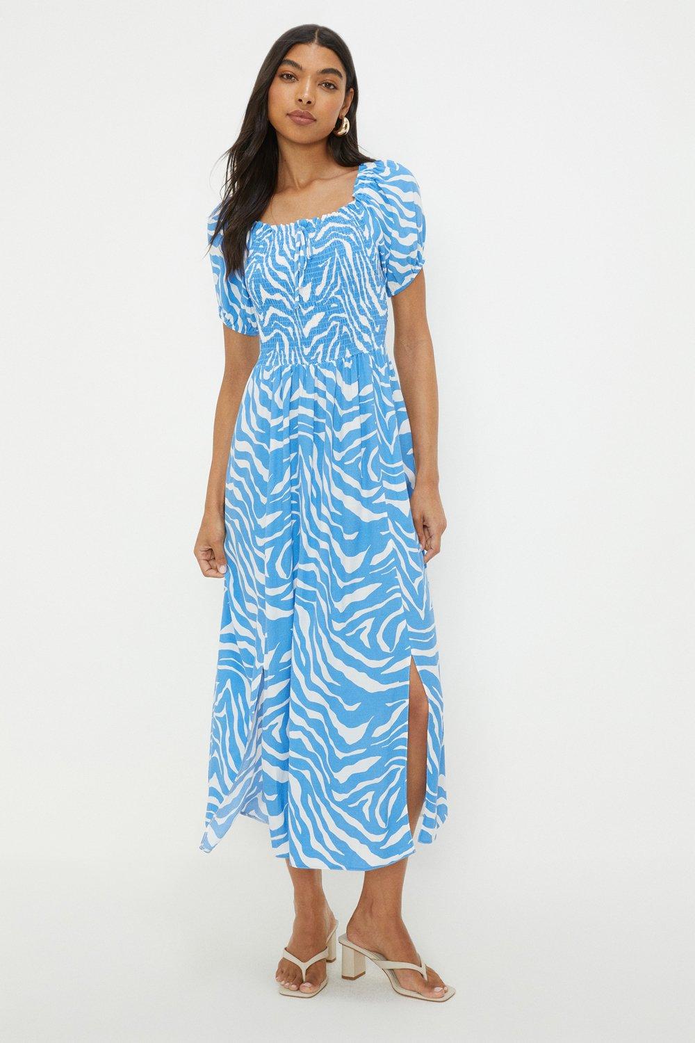 Blue Zebra Shirred Bodice Midi Dress