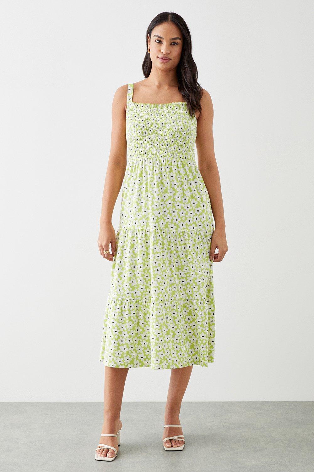 Lime Floral Shirred Tiered Strappy Midi Dress