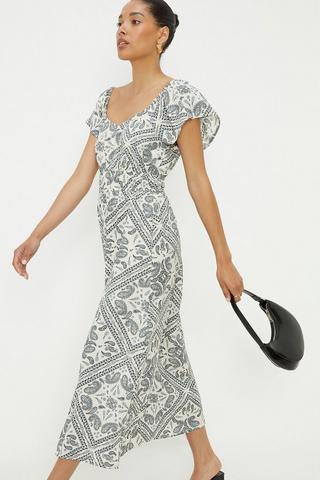 Product Ivory Scarf Print Flutter Sleeve Midi Dress ivory