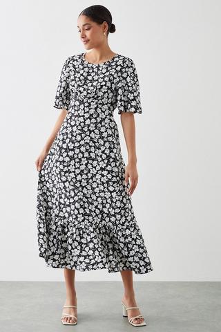Product Mono Floral Print Flutter Sleeve Midi Dress mono