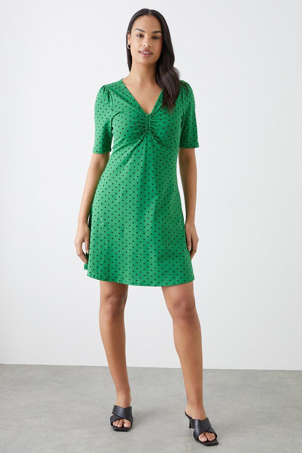 Green Spot V Neck Ruched Mini Dress