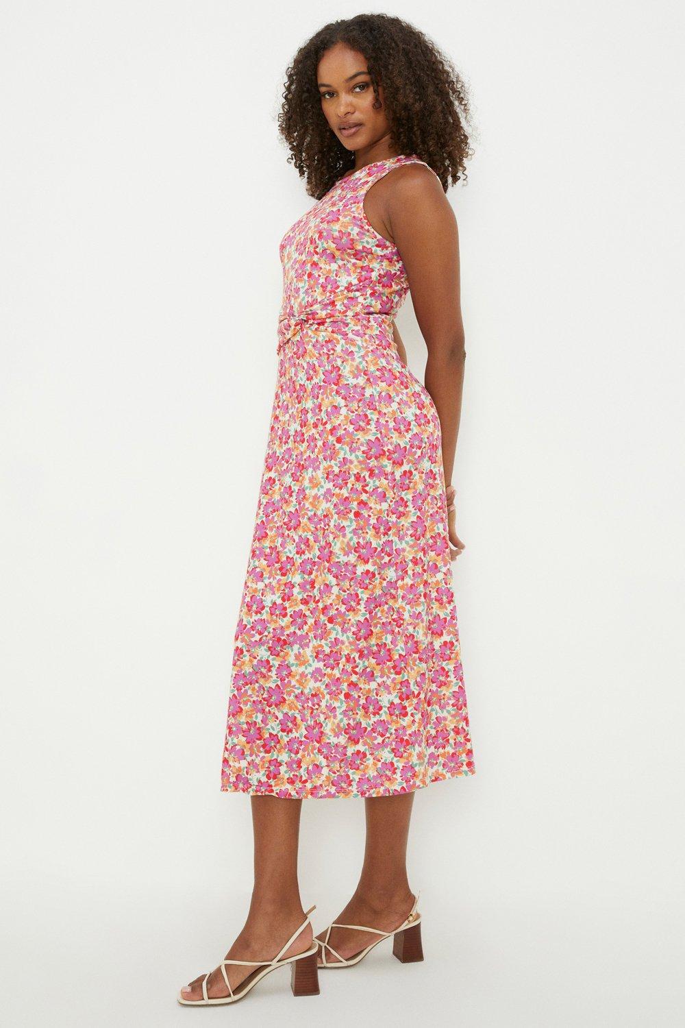 Tall Pink Floral Twist Waist Detail Sleeveless Midi Dress
