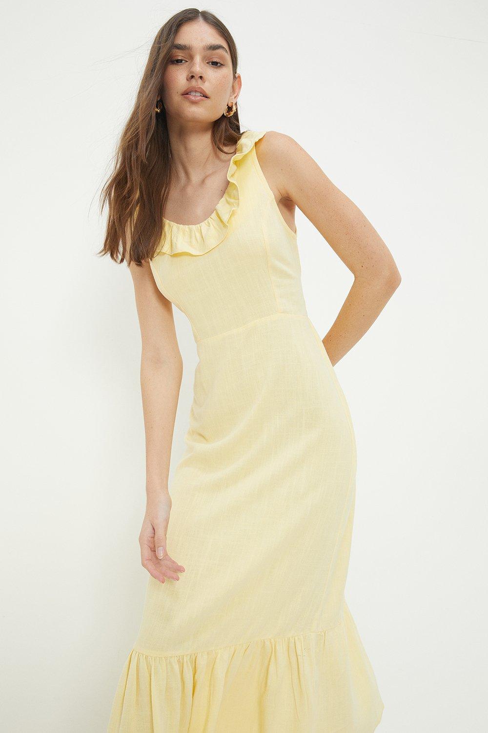 Yellow Ruffle Detail Midi Dress