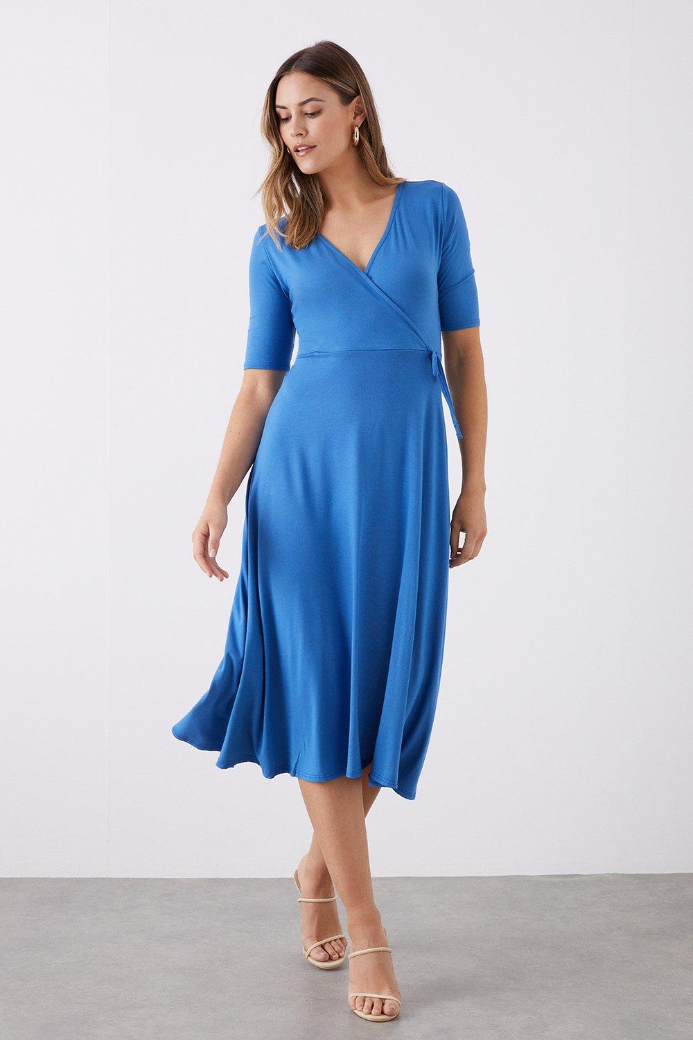 Blue Wrap Short Sleeve Midi Dress