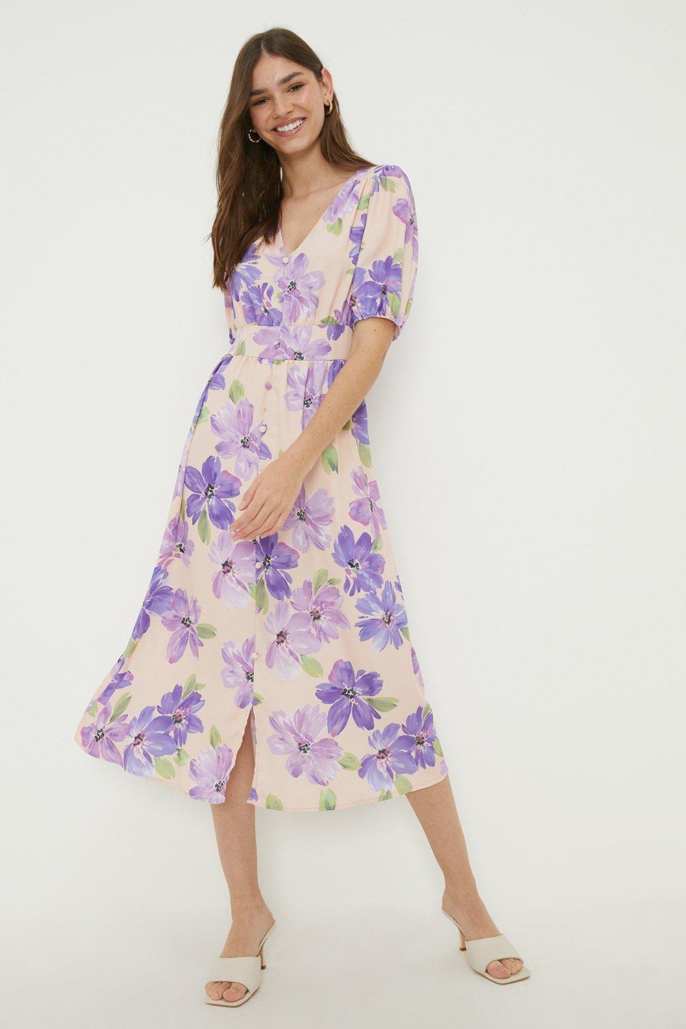 Purple Floral Print Puff Sleeve Midi Dress