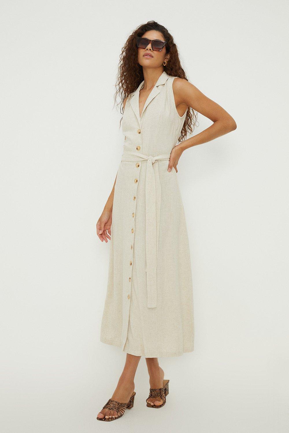 Tall Linen Button Front Sleeveless Dress