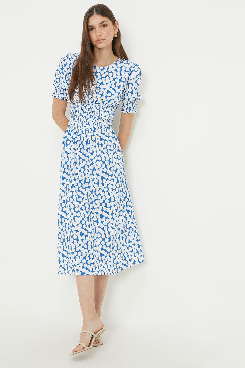 Blue Spot Shirred Waist Midi Dress