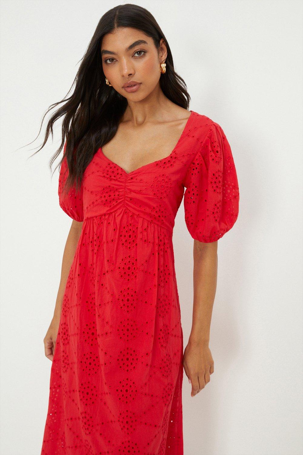 Red Broderie Ruched Front Midi Dress