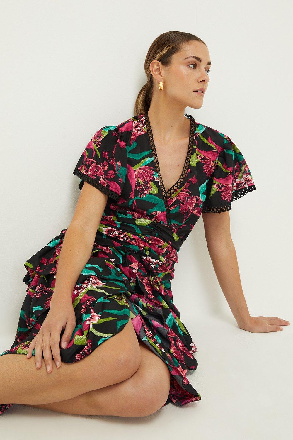 Tropical Print Ruffle Midi Dress