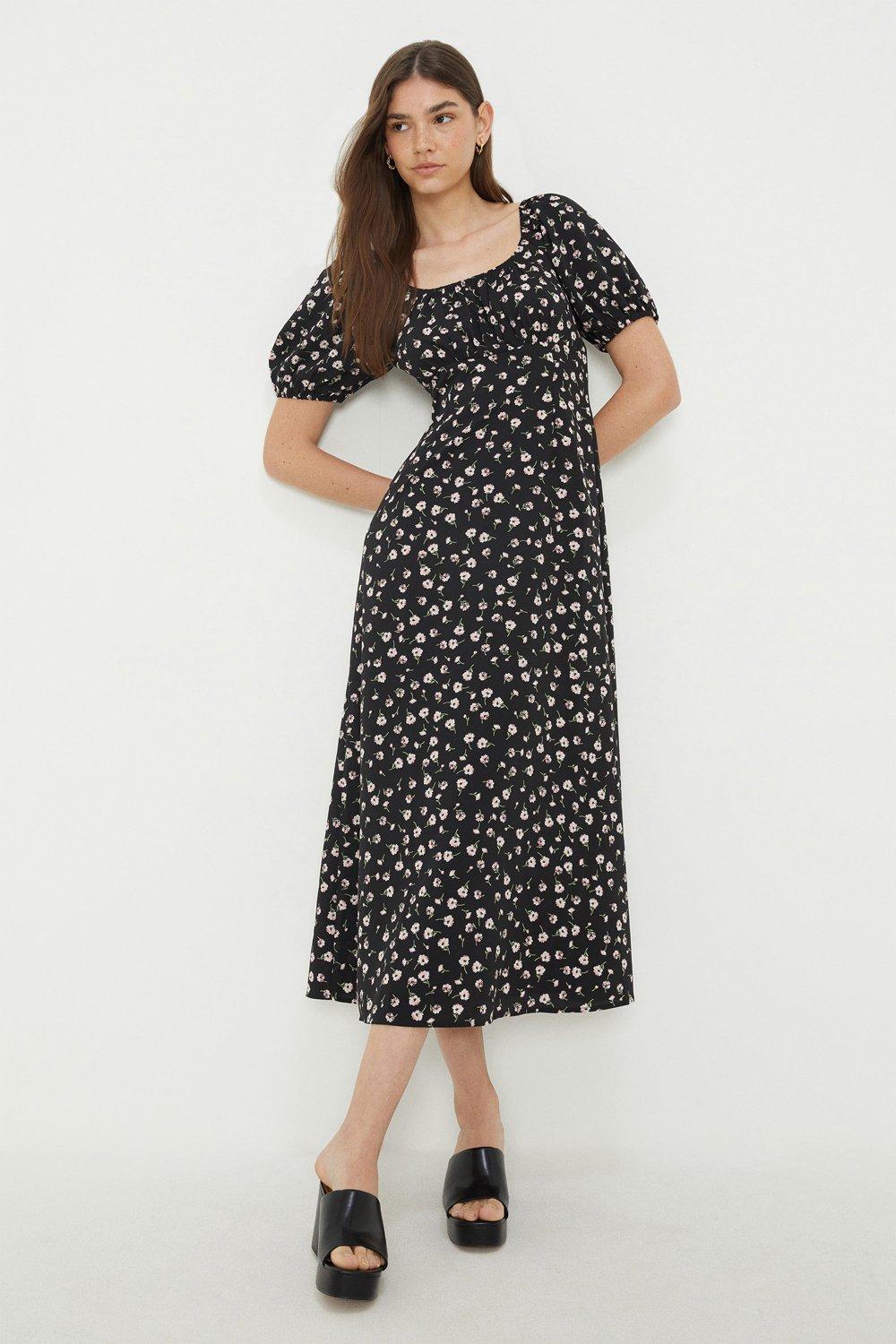 Ditsy Ruched Scoop Neck Midi Dress