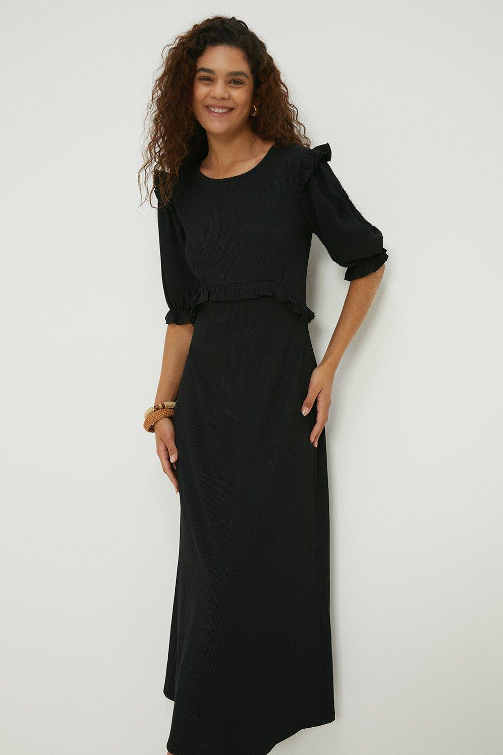 Tall Black Ruffle Shoulder Midi Dress