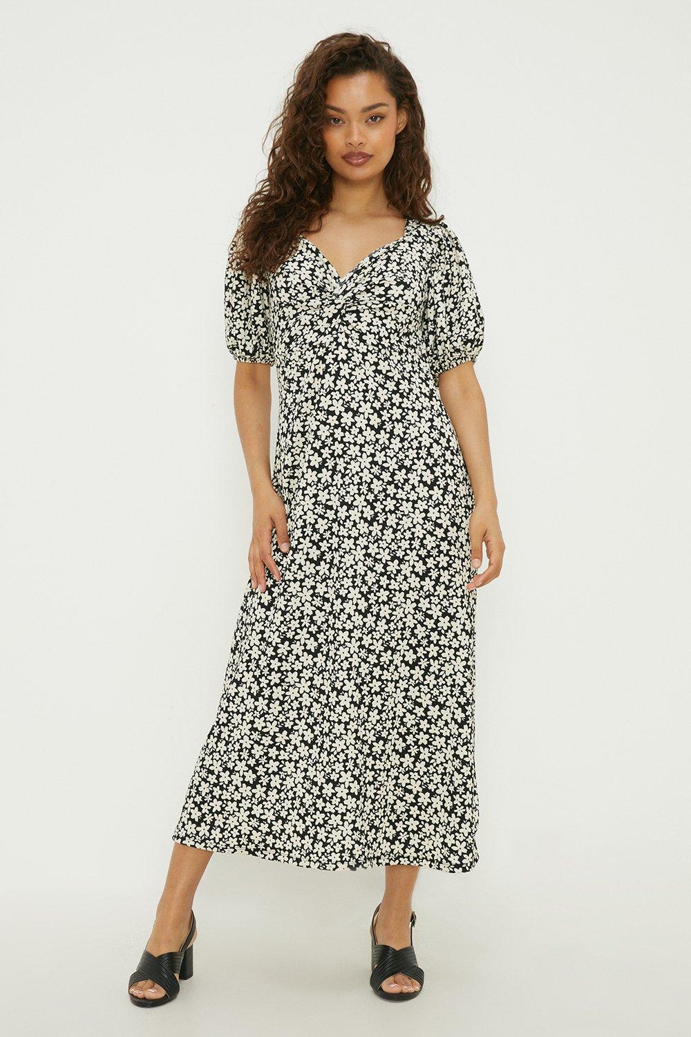 Petite Mono Floral Knot Front Puff Sleeve Midi Dress