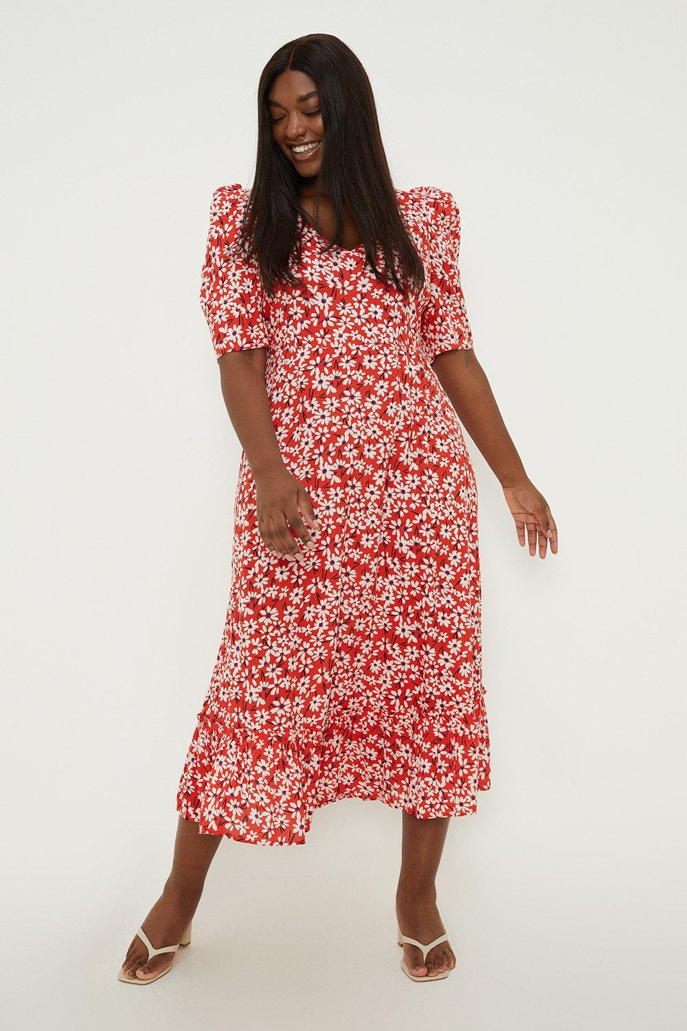 Curve Red Floral Tiered Short Sleeve Midi Dress