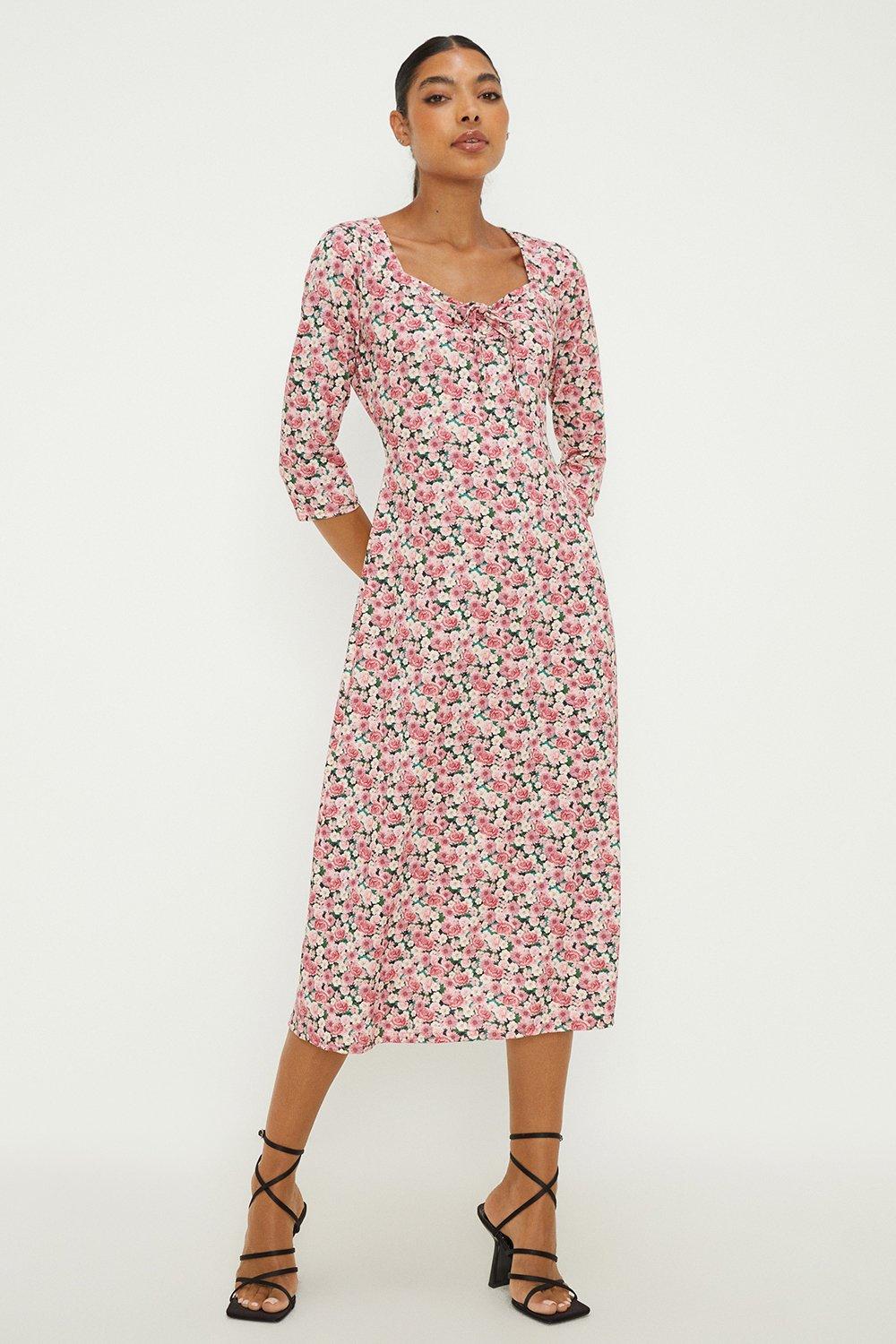 Pink Floral Sweetheart Tie Front Midi Dress