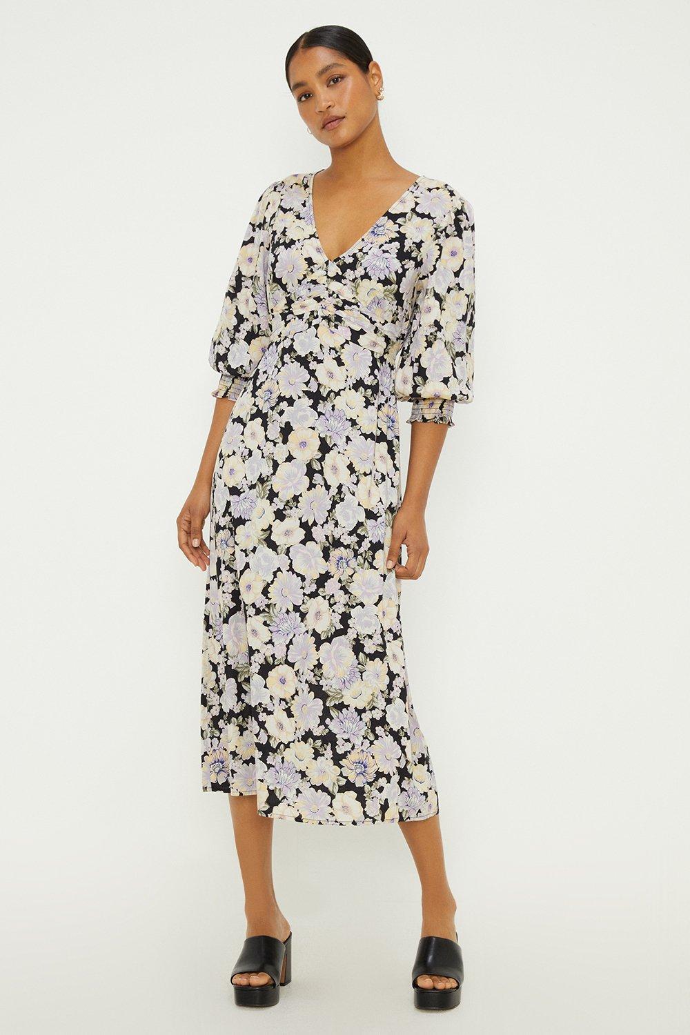 Large Pastel Floral Ruched Front Shirred Cuff Midi Dress