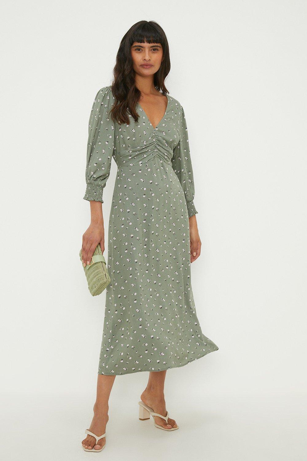 Green Spaced Floral Ruched Front Shirred Cuff Midi Dress