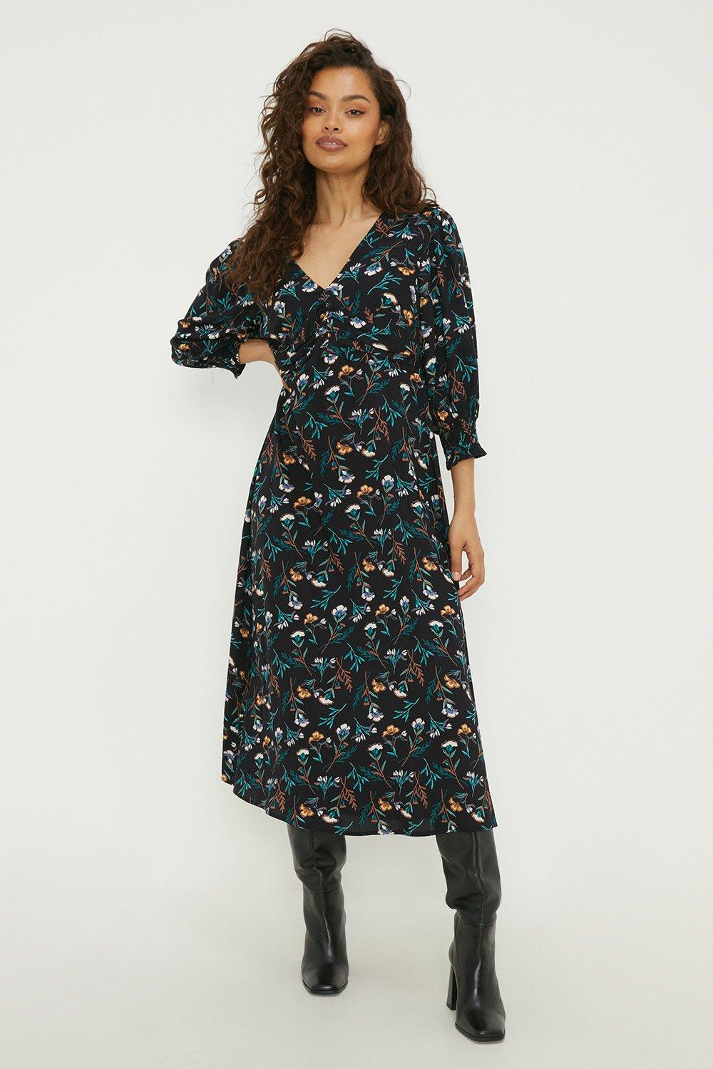 Petite Black Floral Ruched Front Shirred Cuff Midi Dress