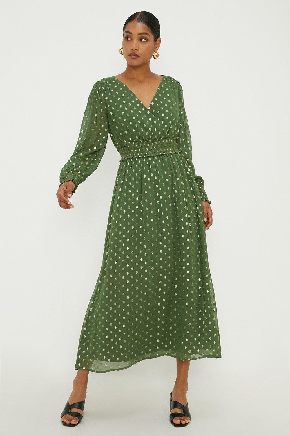 Green Shimmer Chiffon Shirred Waist Midi Dress