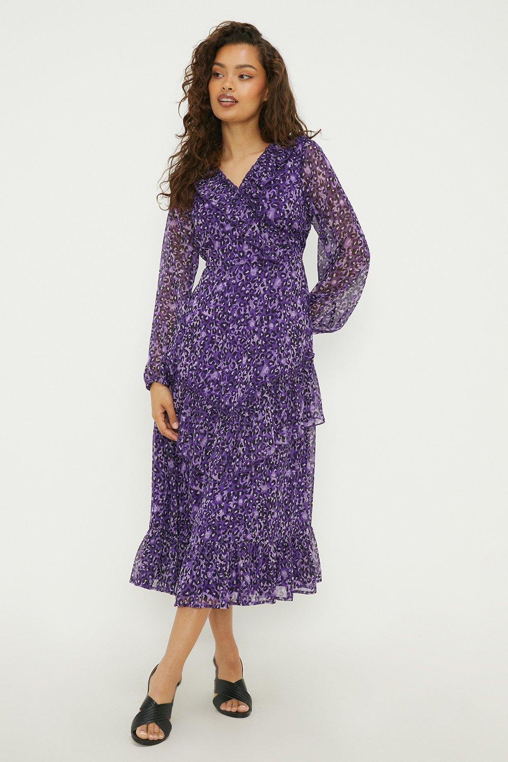 Petite Purple Animal Ruffle Chiffon Midaxi Dress