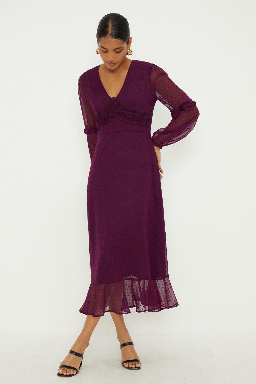 Purple Dobby Chiffon V Neck Midaxi Dress