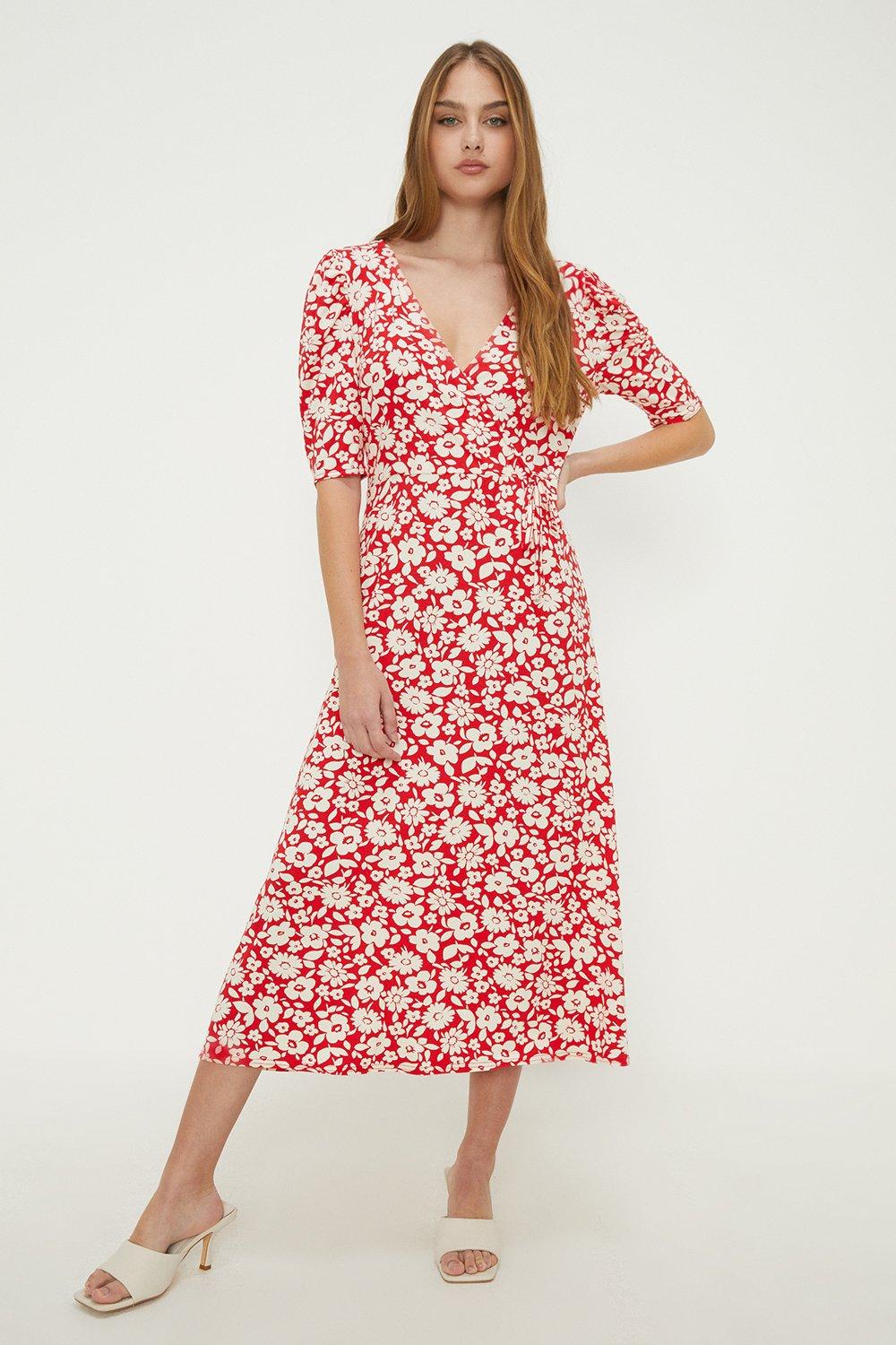 Red Floral Ruched Sleeve Wrap Dress