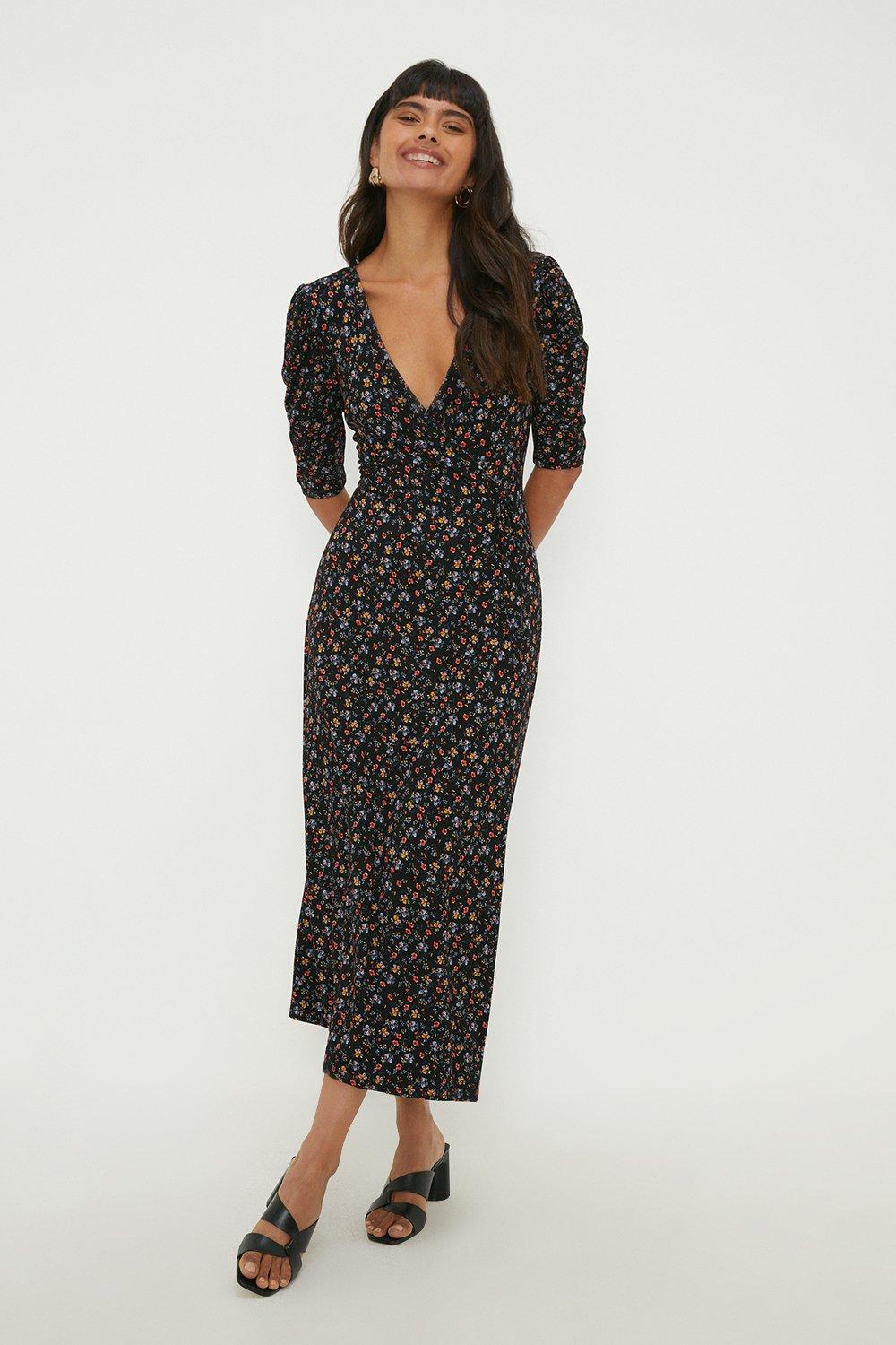 Black Ditsy Ruched Sleeve Wrap Dress