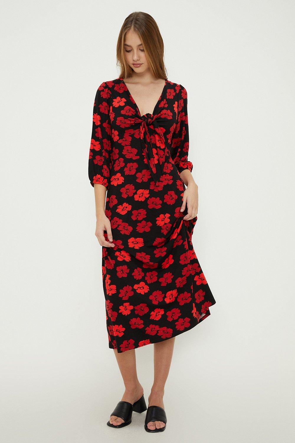 Red Floral Tie Front Midi Dress
