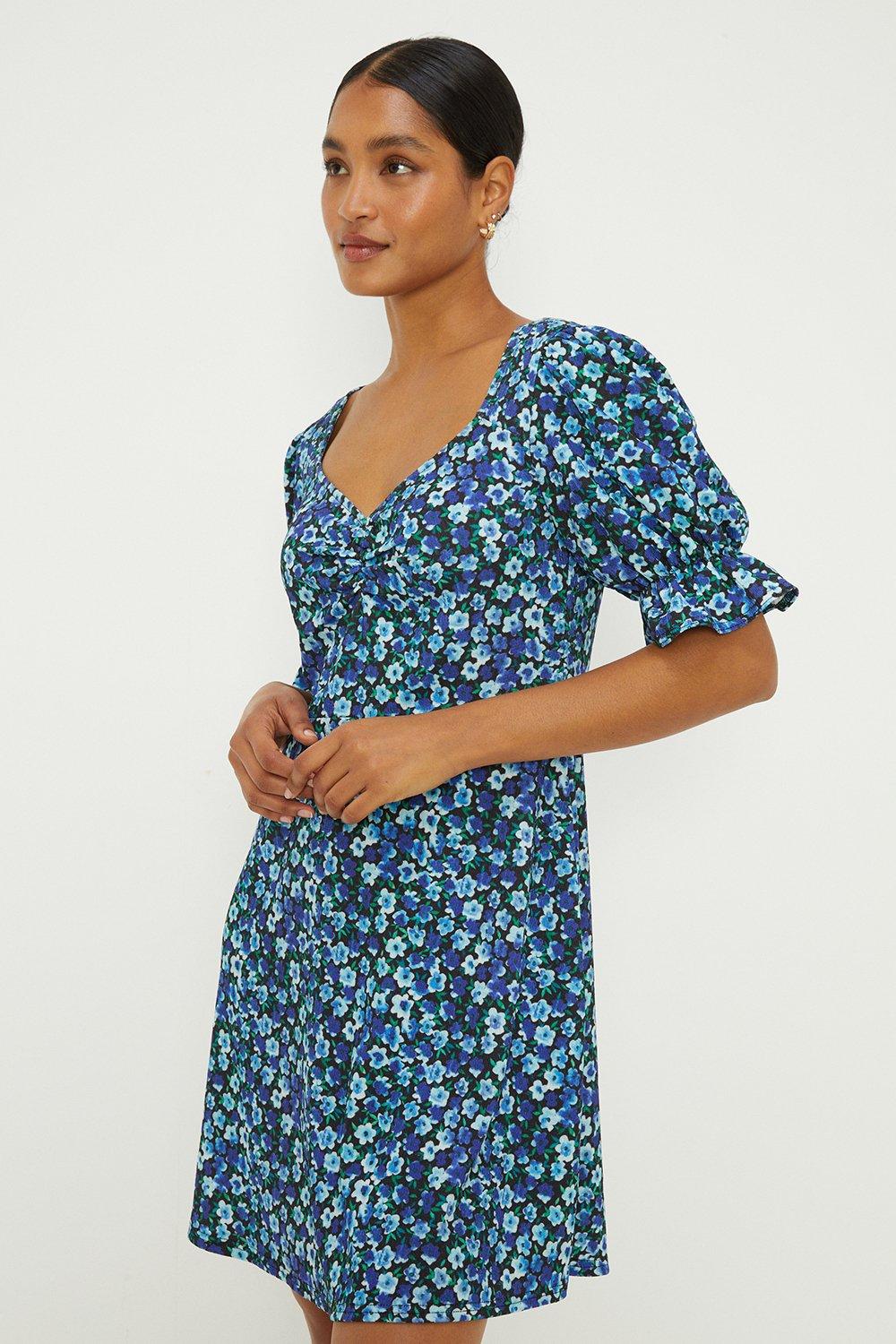 Blue Ditsy Ruched Front Mini Dress