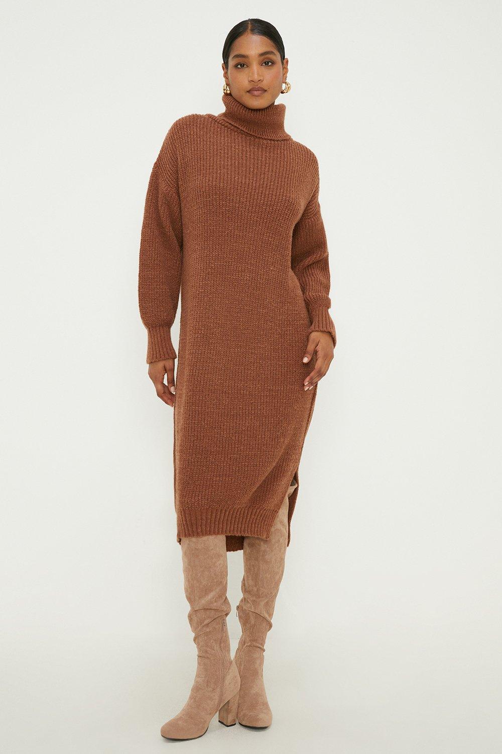 Chunky Roll Neck Knitted Midi Dress