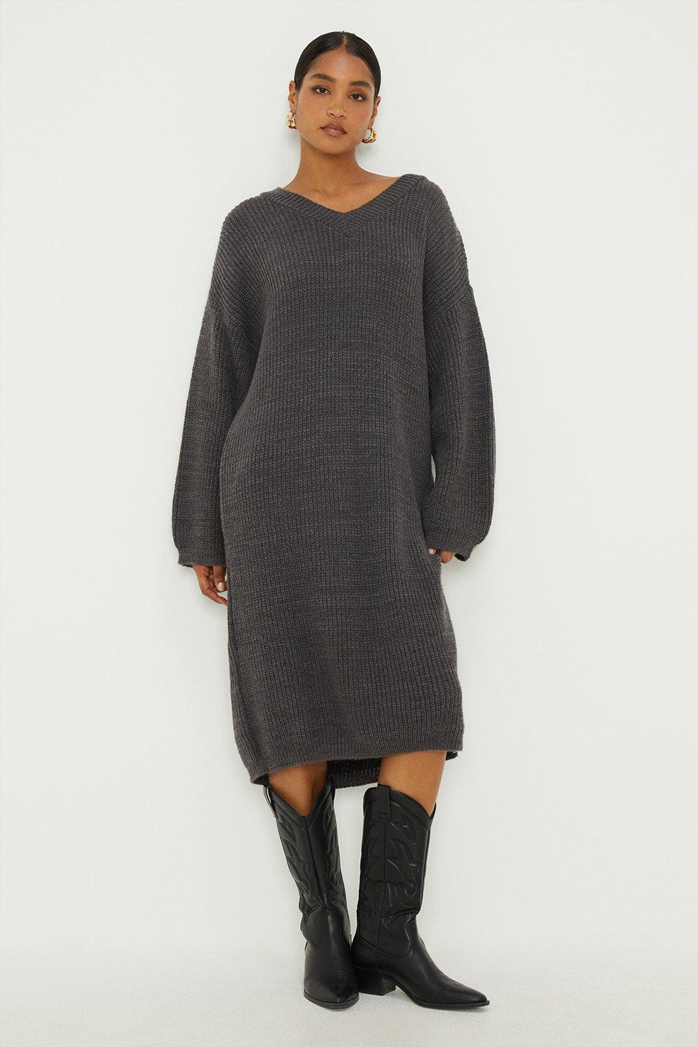 V Neck Knitted Midi Dress