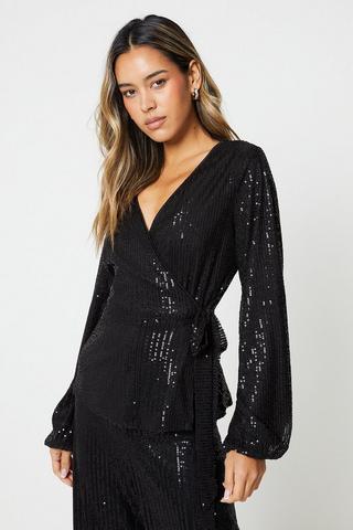 Yumi Black Sequin Top With Fluted Sleeve