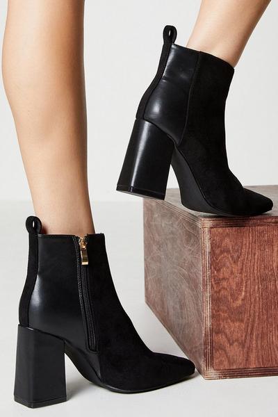Axel Chisel Toe Mixed Material Block Heel Ankle Boots