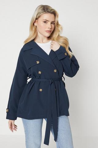 Cropped trench coat with cuff detail · Camel, Navy Blue · Coats And Jackets
