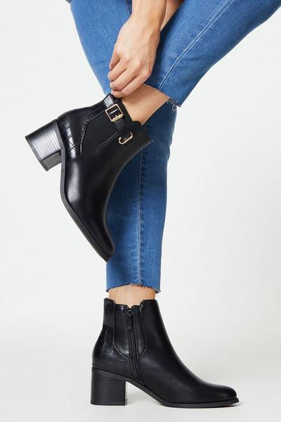April Buckle Detail Mixed Material Block Heel Ankle Boots