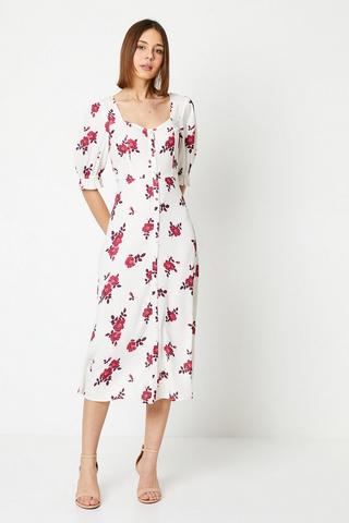 Product Ivory Floral Button Through Midi Dress ivory