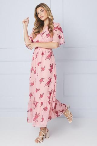Product Floral Chiffon Shirred Waist Frill Hem Midi Dress pink