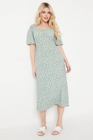 Product Sage Animal Ruched Front Puff Sleeve Midi Dress sage