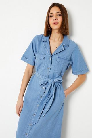 Denim Pocket Detail Shirt Dress in Blue - Roman Originals UK