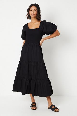 Product Puff Sleeve Shirred Bodice Midi Dress black
