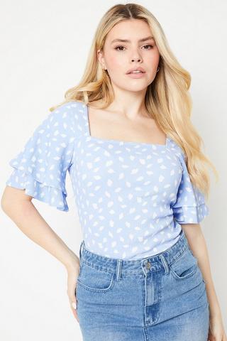 Product Square Neck Double Frill Sleeve Top blue