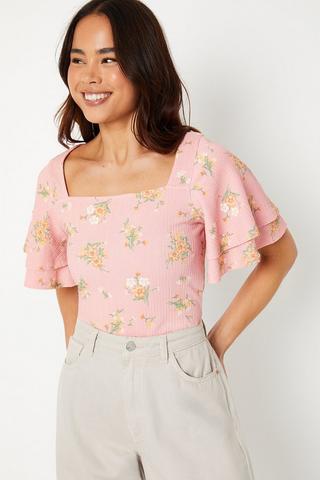 Product Petite Ditsy Print Square Neck Double Frill Sleeve Top floral