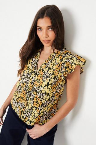 Product Petite Yellow Floral Button Front Ruffle Shell Top floral