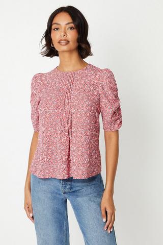 Product Red Ditsy Ruched Puff Sleeve Blouse red